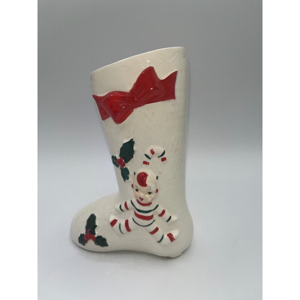 Vintage Ceramic Candy Cane Pixie Elf Christmas Boot Stocking Planter Vase Decor - Picture 15 of 16